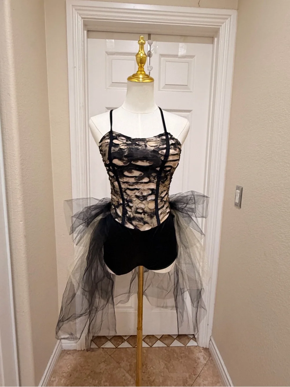 Black Tulle Crisscross Back Chemise with Layered Tulle Skirt